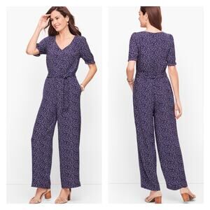 NEW Talbots V-Neck Jumpsuit Floral Size 10 Short Sleeve Blue Print